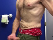 Shirtless jerk-off in the bathroom, wearing my Hollister boxers, verbal