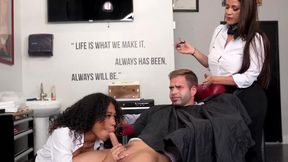 FANTASYFREEUSE - Thick Latina Raquel and ebony Skyla seduce a lucky guy during a haircut (Nicky Rebel)