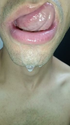 Cum in my mouth, play with your cum, and swallow it, close-up, naughty gay, tongue, sloopy   Clip 1