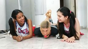 Football Player Pantyhosed And Hogtied On The Floor By Two Cheerleaders!