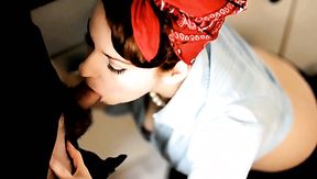 Pinup beauty with beautiful eyes gives really great blowjob