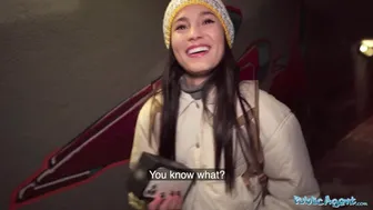 Sexy brunette in crotchless red lingerie rides a huge cock in public