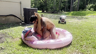 real Amateur redneck couple fucks in blowup pool