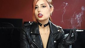 Amelia smoking in leather
