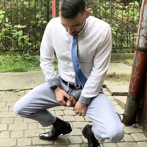 outdoor pissing in suit and tie