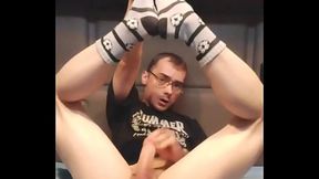 Nerdy college boy with big dick jerking off in socks