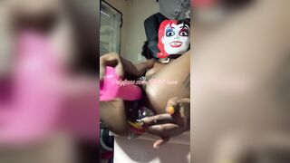 Skinny African does double penetration and Ejaculates with her Harley Mask on