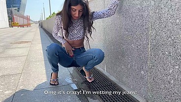 Public Pee Wetting Jeans on Street