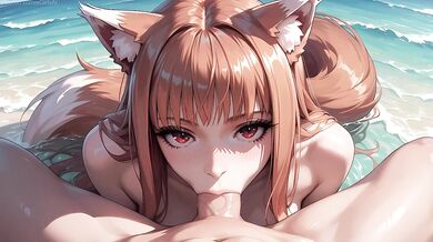 Holo neko gets a facial on the beach with a creampie blowjob