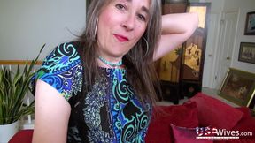 USA Wives - Gray hair and hairy pussy old wife in her solo action with a blue vibrator