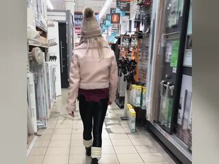 Public in a nylon open-crotch catsuit! Cute tgirl angel cums whilst shopping!