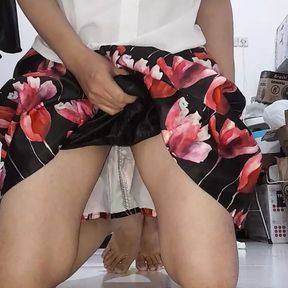 Cum wearing flower satin skirt