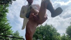 Businessman enema pissing in public