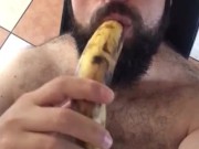 Big hairy bear horny after workout blows a banana and touching nipples