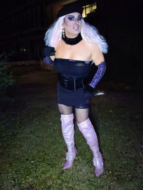 Sexy mature transvestite smokes like a slut outdoors