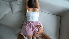 Dainty brunette loses at UNO, sucks hubby's huge cock in roleplay