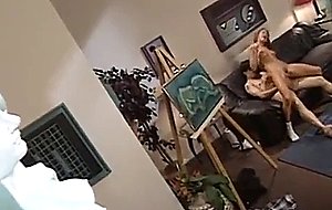 Brunette slut pussy treatment by the statue