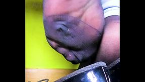 Girl shoeplay sweaty stinky nylons feet plays with her black lacquer ballerinas flats shoe play