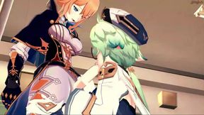 Futa Jean fucks Sucrose on a table and cums on her stomach - Genshin impact futanari Hentai.