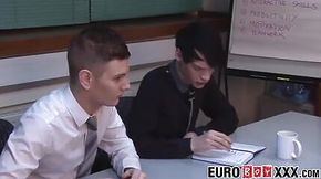 Skinny Euro ks bareback during an office meeting