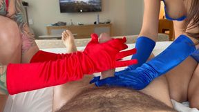 Misty Addams & Summer Raez Give Red, White Cum, & Blue Gloved Handjob