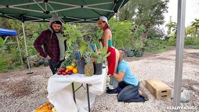 Roxie Sinner gets fucked and stuffed with corn at the market while Peter Fitzwell eats her out in public