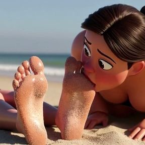 Fat Woman Licking Sandy Feet of Skinny Girl - Beach Humiliation