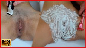 Shaving hairy pussy with trimmer and razor close-up!