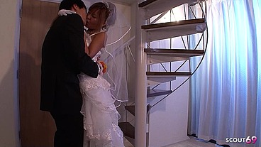 Japanese Teen Bride give Blowjob before soapy slide Orgasm in uncensored JAV after Wedding