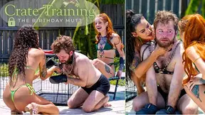 Crate Training the Birthday Mutt - Goddess Fina & Goddess Jasper Humiliate & Train Slave Poolside