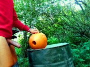 Twink is fucking a pumpkin and eating own creampie in the garden