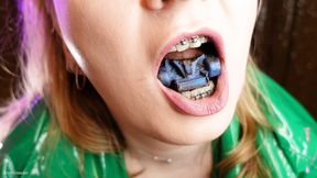 Mukbang - eating video - food fetish in braces close up - mouth tour and vore