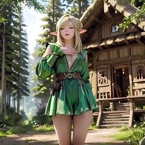Blonde Elf Fantasy Sensual All-fours in a White Bedroom, Teasing with Her Mouth Full and Eyes Wide Open.