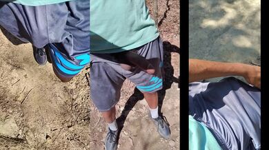 [HIKING] Exploring while wearing CUM COVERED gym shorts. Pissing and Cumming!