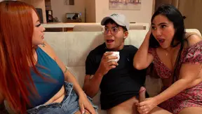 Threesome with my boyfriend and his stepmom after I find her sucking his cock on the sly