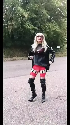 Crossdress in public in leather outfit part 1