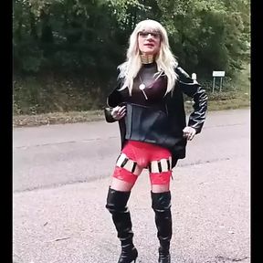 Crossdress in public in leather outfit part 1