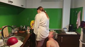 Femdom and Peeing, a Toilet Slave Eats Cereal with Urine and Swallows Urine