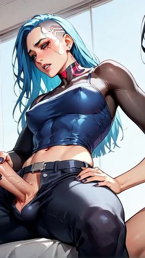 The Blue-haired Transvestite Lies on Her Back, Intensively Holding Her Partner's Ample Lollipop as He Ejaculates
