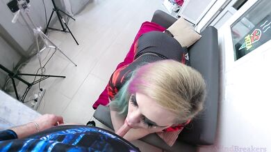 Goth step sis deepthroats till her throat gags and swallows every last drop