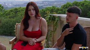 Curvy redheaded babe in lingerie deepthroats and gets pounded