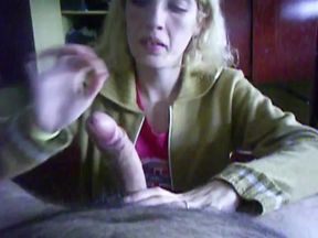 young blonde  wife sucks cock, toy with dildo, gets cum in mouth and swallow