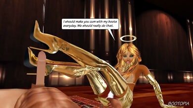 Animated angel in gold sleeves teases with crotch-high boots in CFNM POV fantasy