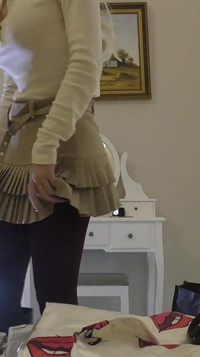 Cute Hot Tight Pussy Blonde in Red Pantyhose and Mini Skirt Takes Her Panties off to Flash Pussy and Ass