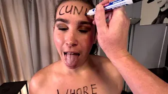 Whore loves humiliation while sucking, jerking off cock, face spitting, cum facial.