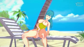 Maron in yellow swimsuit masturbates on the beach - Dragon Ball Z