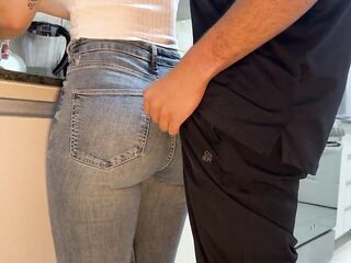 Cumming on my Maid's Jeans in the Kitchen, that babe comes to Work with Constricted Panties to Tease Me - FREE USE