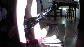 milf in leather catsuit and boots over the knee, throated, fucked, cum on tits