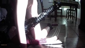 milf in leather catsuit and boots over the knee, throated, fucked, cum on tits