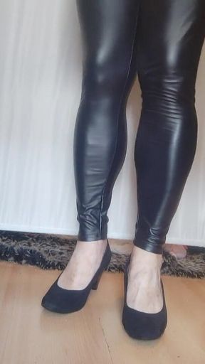 Black Faux Leather Leggings and High Heels